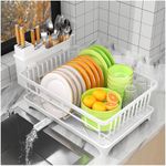 Dish Drainer Rack, Space Saving Dish Drainer for Kitchen Counter with Utensil Holder, Kitchen Dish Rack Sink Dish Drying Rack with Drain Board, White