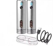 Bebo Creations Rechargeable Electric Salt & Pepper Grinder Set with Adjustable Coarseness | Stainless Steel Pepper Crusher for Kitchen | LED Light, 110 ML Capacity Each | Base Stand Included
