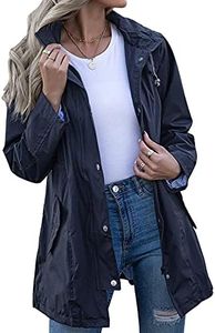 Kikibell Rain Jacket Women Striped Lined Hooded Lightweight Raincoat Outdoor Waterproof Windbreaker, Navy Blue, Medium