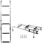 Amarine Made 5 Step Folding Ladder Boat Stern Mount Removable Ladder Marine Stainless Steel Pontoon Ladder Transom Ladder Polished 3+2 Step with Rubber Grips (with Mounting Screws)-550lbs Capacity