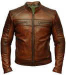 AKSAH FASHION Mens Biker Cafe Racer Retro Vintage Motorcycle Waxed Brown Distressed Leather Jacket