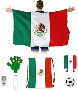 G128 Mexico Soccer Fan Kit 6 PCS, Game Day Supporter Set with Wearable Flag, Koozie, Clapper, Squishy Ball, Drawstring Bag & Face Paint, Soccer Fan Gear, Tailgate & Watch Party Accessories