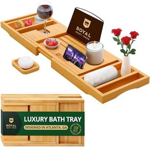 Royal Craft Wood Foldable Bathtub Tray Caddy Bamboo Bathtub Tray Expandable, Bath Tub Table Caddy with Extending Sides - Free Soap Dish