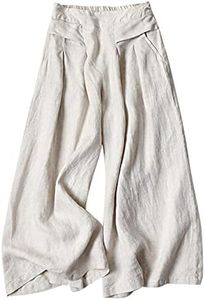 Gihuo Women' s Culottes Linen Blend Wide Leg Pants Elastic Waist Casual Palazzo Trousers with Pockets Capris, Beige, Medium
