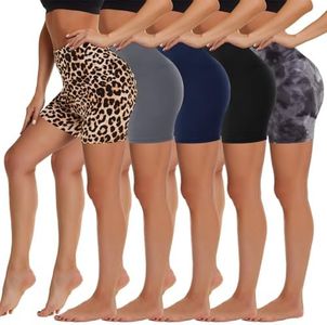 5 Pack Biker Shorts Women - 5"/8" High Waist Spandex Workout Yoga Running Athletic(Black/Grey/Navy/Leopard/Tie Dye,Plus)