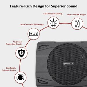 Rockville 8" Car Subwoofer – Compact Powered Under-Seat Bass Speaker