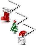 OUFER 3pcs 20G Christmas Nose Rings Pack L Shape Nose Studs Piercing Jewellery Surgical Steel Santa Claus Women Men Gifts