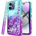 STARSHOP iPhone 12 Phone Case, iPhone 12 Pro Phone Case with [Tempered Glass Screen Protector Included] Liquid Bling Sparkle Floating Glitter Quicksand Spot Diamond Case Girls Women Cute - Aqua/Purple