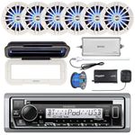 Kenwood Single DIN Marine Bluetooth CD Receiver w/ Radio Cover, 6X Enrock 6.5" 2 Way 180 Watt LED Speakers (White), Enrock 4-Channel Amplifier, Satellite Radio Tuner Kit, Antenna, Speaker Wire