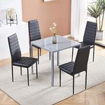 Huisenuk Contemporary Grey Glass Dining Table and Chairs Set of 4 for Space Saving, 5 Piece Kitchen Grey Glass Tempered Square Table with 4 Green Velvet Chairs for Small Dinette Apartment