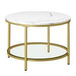 VASAGLE Coffee Table, Living Room Table, Sofa Cocktail Table Faux Marble Round, Tempered Glass Storage Shelf, Easy to Assemble, Modern Style, for Living Room, Marble White and Pale Gold LCT072W59