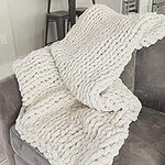 Chunky Knit Blanket Throw (130x150cm) Chenille Yarn Soft Knitted Blanket Machine Washable Handmade Giant Throw Home Decor for Couch Bed, Beige, 50x 60inch Standard Size