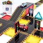 hahaland 62 PCS Magnetic Tiles Road Toppers Set for Kids Ages 3-5, Magnetic Building Blocks with Cars Toys for 3 Year Old Boys and Girls Stem Toys Birthday Gifts for Age 3 4 5 6 7 Year Old