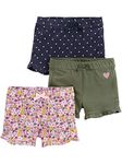 Simple Joys by Carter's Baby Girls' 3-Pack Knit Shorts, Denim Dots/Olive Hearts/Pink Floral, 2 Years (Pack of 3)