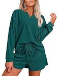 Ekouaer Pajamas Womens Waffle Knit Lounge Set Long Sleeve Top and Shorts 2 Piece Loungewear Outfits with Pockets