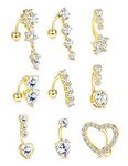 SAILIMUE 9 Pcs Surgical Steel Belly Button Rings for Women 14G Belly Ring CZ Heart Reverse Navel Ring Dangle Belly Piercing Jewelry Pack