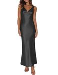 Womens Elegant Satin V Neck Backless Sleeveless Maxi Dress Silk Tie Low Back Formal Cocktail Dresses Wedding Guest, Black, Medium