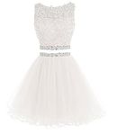 BessDress Open Back Beaded Short Prom Dress Tulle Evening Dress BD122, Two Piece: Ivory, 18