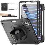 SEYMAC stock Case for iPad Pro 11 4th/3rd/2nd/1st Generation, [Hard Back Shell] Shockproof Case with 360 Rotating Snap-on Stand Hand Strap &Pencil Holder Case for iPad 11 inch, Black