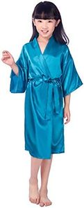 EQIQU Kids Girl's Silky Satin Kimono Robe for Spa Wedding Birthday Party Child Children's Gifts Peacock Blue 10