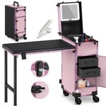 EASYINBEAUTY Rolling Portable Manicure Table with 2 Drawers, Mirror & Nail Polish Organizer, Lockable Makeup Train Case with Foldable Nail Desk, Cosmetic Travel Case for Workstation Mobile, Nail tech