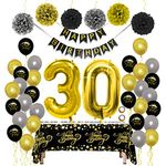 30th Birthday Decorations Black Gold Sets - Party Supplies Packs for Women Men, Happy Birthday Banner Pom Poms Foil Number 30 Balloon Tablecloth for Dad Mum Farther Monther Birthday