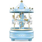 WEofferwhatYOUwant Carousel Music Box, Blue - Cake Topper, Easy Twist, 4 Horse Classic Decor - Melody Beethoven's Fur Elise. Fall Asleep to Music Lights.