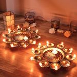 Amazon Brand - Solimo Gold Polished Metal Tealight Candle Holder - Urli Bowl | Flower Theme | Decoration Item for Diwali, Weddings and More | Holds 10 Tealights Each | Set of 2 | Gold Finish