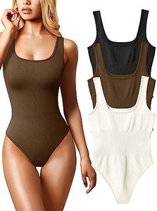 OQQ Women's 3 Piece Bodysuits Sexy Ribbed Sleeveless Square Neck Tank Tops Bodysuits Black Coffee Beige