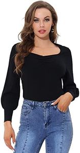 Allegra K Women's Knit Ribbed Tops Sweetheart Neck Lantern Sleeve Pullover Sweater Black Small