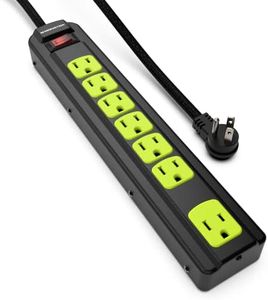 Monster Workshop Heavy-Duty Garage Power Strip Surge Protector - Mountable Heavy-Duty Wide-Spaced 7 Grounded AC Outlets with 4ft Angled Flat Plug - 1200 Joules - ETL Listed