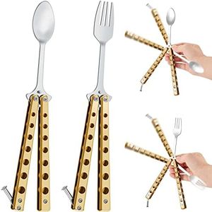 2 Pcs Butterfly Fork and Spoon Set, Tactical Butterfly Spoon Folding Stainless Steel Butterfly Fork for Travel BBQ Kitchen Camping Hunting (Gold)
