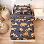 NTBED 4 Pieces Construction Toddler Bedding Set for Baby Boys, Truck Vehicles Excavator Cars Printed, Includes Comforter, Flat Sheet, Fitted Sheet and Pillowcase,Grey