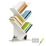 QUMENEY Tree Bookshelf, Wood Book Tower, 5-Shelf Bookcase - Premium Books/CDs/Albums/Files Holder, Display Storage Rack Organizer Shelves for Home, Office (White)