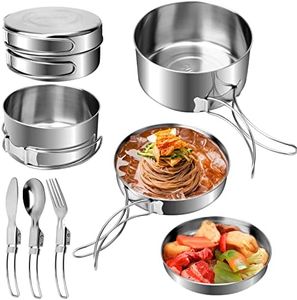Kit de Casseroles de Camping, 7 Pcs Cuisine de Camping en Acier Inoxydable Pliable pour 1-2 Personnes, Kit de Cuisine de Camping Léger avec Casserole Poêle, Casserole Camping Plein Air pour Randonnée