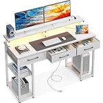 ODK Computer Desk with Power Outlet and Storage Shelves, White Desk with Drawers 48 inch Home Office Desk, Modern Work Study Writing Corner Desk with LED Lights for Small Spaces