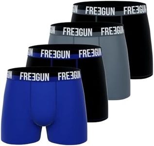 FREEGUN Boxer Homme Coton, Caleçon Homme, Stretch & Doux (Lot de 4), Bleu, Noir, Gris, Taille L
