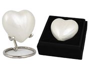 Small Keepsake Heart Cremation Urn For Ashes With New Improved Lid, Mini Heart Memorial Urn With Box & Stand (Pearl White Aluminium)