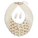 Women Elegant Jewelry Set White Pearl Bead Cluster Collar Bib Choker Necklace and Earrings Suit by Yuhuan