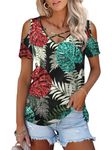 Amoretu Womens Summer Shirts V Neck Criss Cross Cold Shoulder Tops Blouse, A:printed Plant, XXL