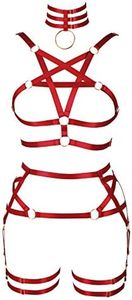 Women's Body Harness Pentagram Bra Garter Belt Set Punk Gothic Carnival Halloween Elastic Adjustable Dance Costume, Wine Red, 1