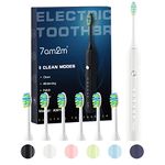 7AM2M Sonic Electric Toothbrush for Adults and Kids, One Charge for 90 Days, with 6 Brush Heads, 5 Modes with 2 Minutes Build in Smart Timer, Roman Column Handle Design (White)