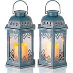 SteadyDoggie Solar Lanterns 2 Pack Blue - Hanging Solar Lights with Flickering Candle LED - Retro Ornate Hanging Solar Lantern with Handle