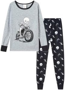MyFav Boys Pajamas Set Glow in The Dark Skull Pjs Long Sleeve and Pant Halloween Casual Kids Sleepwear Gray,7Y