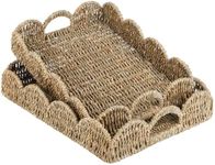 ATEDIR Scalloped Edge Rectangle Serving Tray,Rectangle Serving Tray with Built-in Handles,Wicker Coffee Tray Breakfast Tray Decoratve Tray for Dining Coffee kitchen Table,Seagrass Rattan Tray,Set of 2