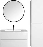 Flairwood Decor Bathroom Vanity The Frost - Includes Wall Mounted Cabinet with 2 Large Metal Drawers and White Countertop with Integrated Sink - High-Gloss White Lacquer Finish - Assembled Vanity