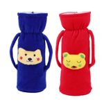 Da Anushi Soft Plush Stretchable Baby Feeding Handle Bottle Cover with Attractive Cartoon Design & Easy to Hold Strap for Newborn Babies, Suitable for 125-250 ML Bottle (Pack of 2, Blue, Rani)