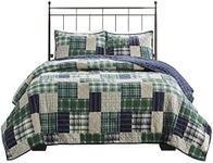 Madison Park Reversible Quilt Cabin Lifestyle Plaid Design - All Season, Breathable Coverlet Bedspread Bedding Set, Matching Shams, King/Cal King(104"x94"), Green/Navy 3 Piece