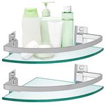 Sanbege Tempered Glass Corner Shelf with Rail, 9.5" x 9.5" Floating Shower Caddy, Wall Mount Shampoo Holder Organizer, Pack of 2