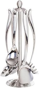 304 Stainless Steel Cooking Utensils Set with Holder, 7-Pieces All Metal Kitchen Utensils with Rotating Stand, Spatula, Soup Ladle, Skimmer Spoon, Slotted Spatula Tunner, Spaghetti Spoon, Large Spoon